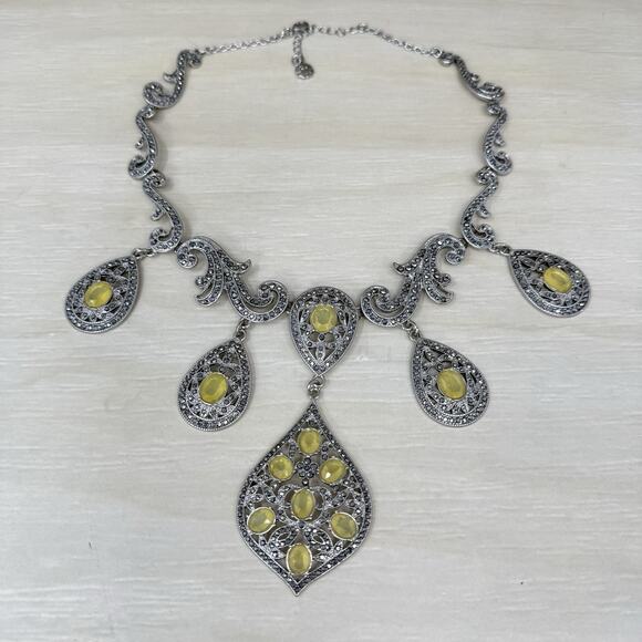 Vintage Monet Silver Tone Marcasite and Rhinestone Scroll Statement Necklace - Picture 3 of 10
